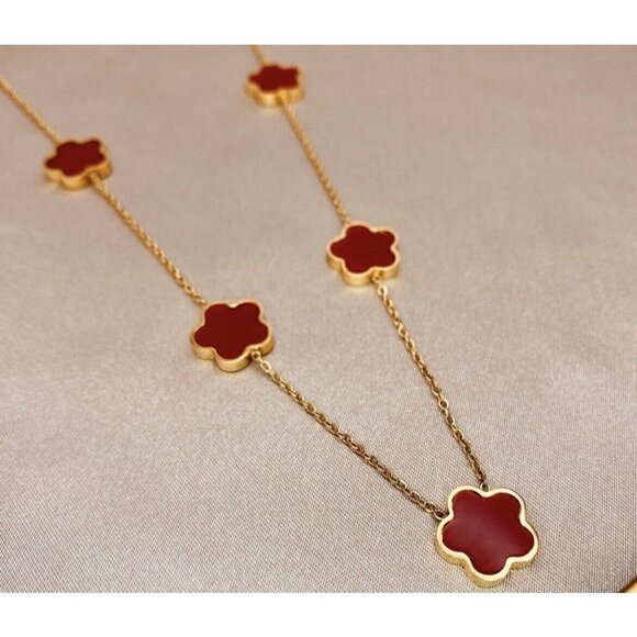 18K Gold Plated RED Clover Necklace 5 Petals stainless steel Womens jewelry - Picture 2 of 10